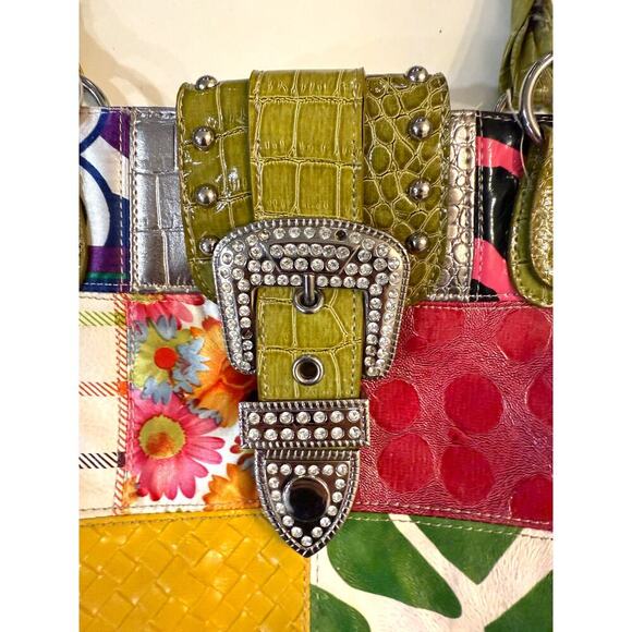 Y2K Multicolor Patchwork Purse Rhinestone Buckle Bag Croc Trim Retro Tote Boho - Picture 2 of 7